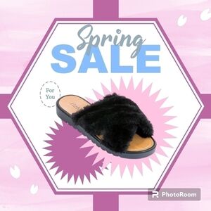 Fur Slide Sandals Black Blush Low Wedge Size 6